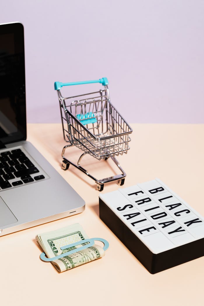 Image of a laptop, mini cart, cash, and Black Friday sale sign representing online shopping deals.